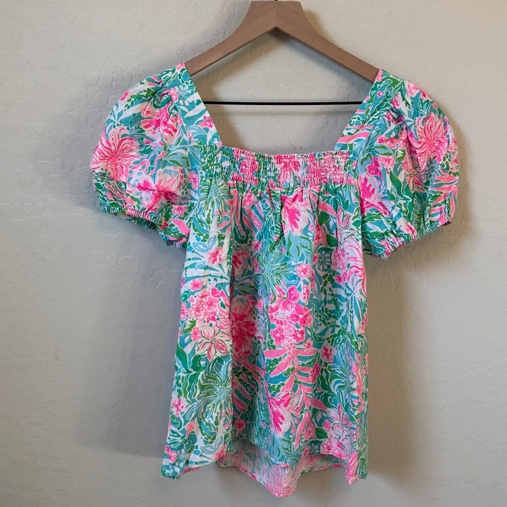 Lily Pulitzer 100% Linen Keating Puff Sleeve Floral Blouse in Amalfi Blue Size 4